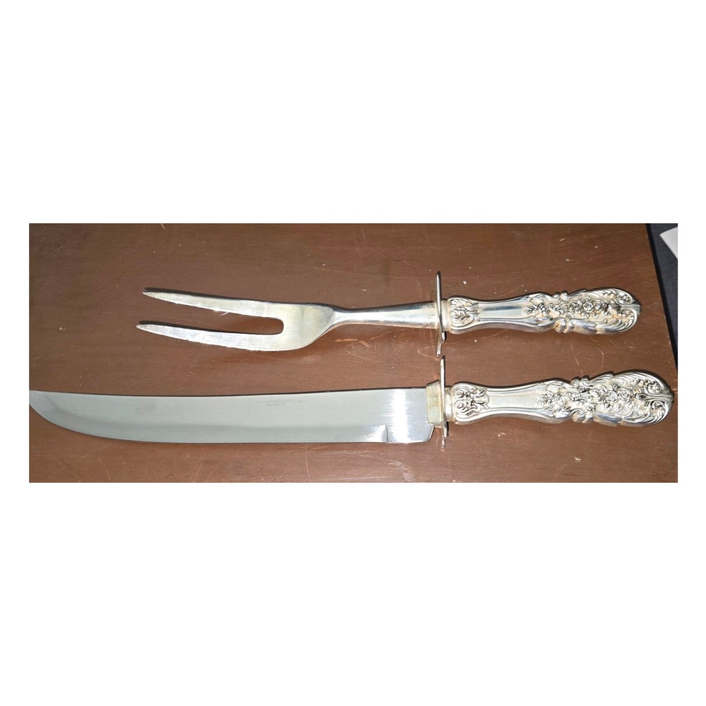 Vtg International Silver Co Floral Repousse Carving Set Knife and Fork